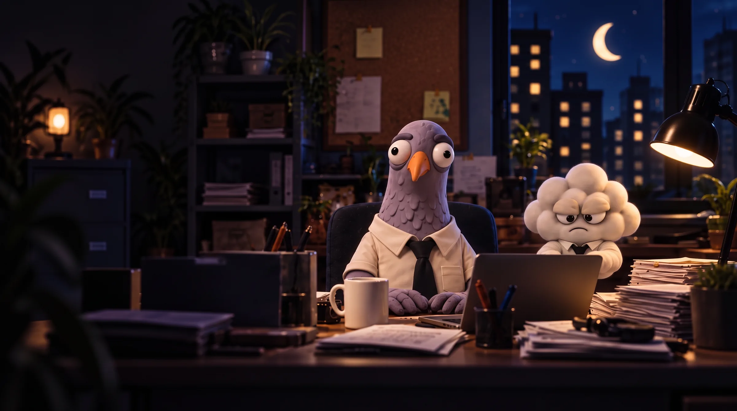 Sid, a wide-eyed pigeon in a shirt and tie, at his desk late at night; Nimbus, a tiny grumpy cloud, types on the laptop beside him.