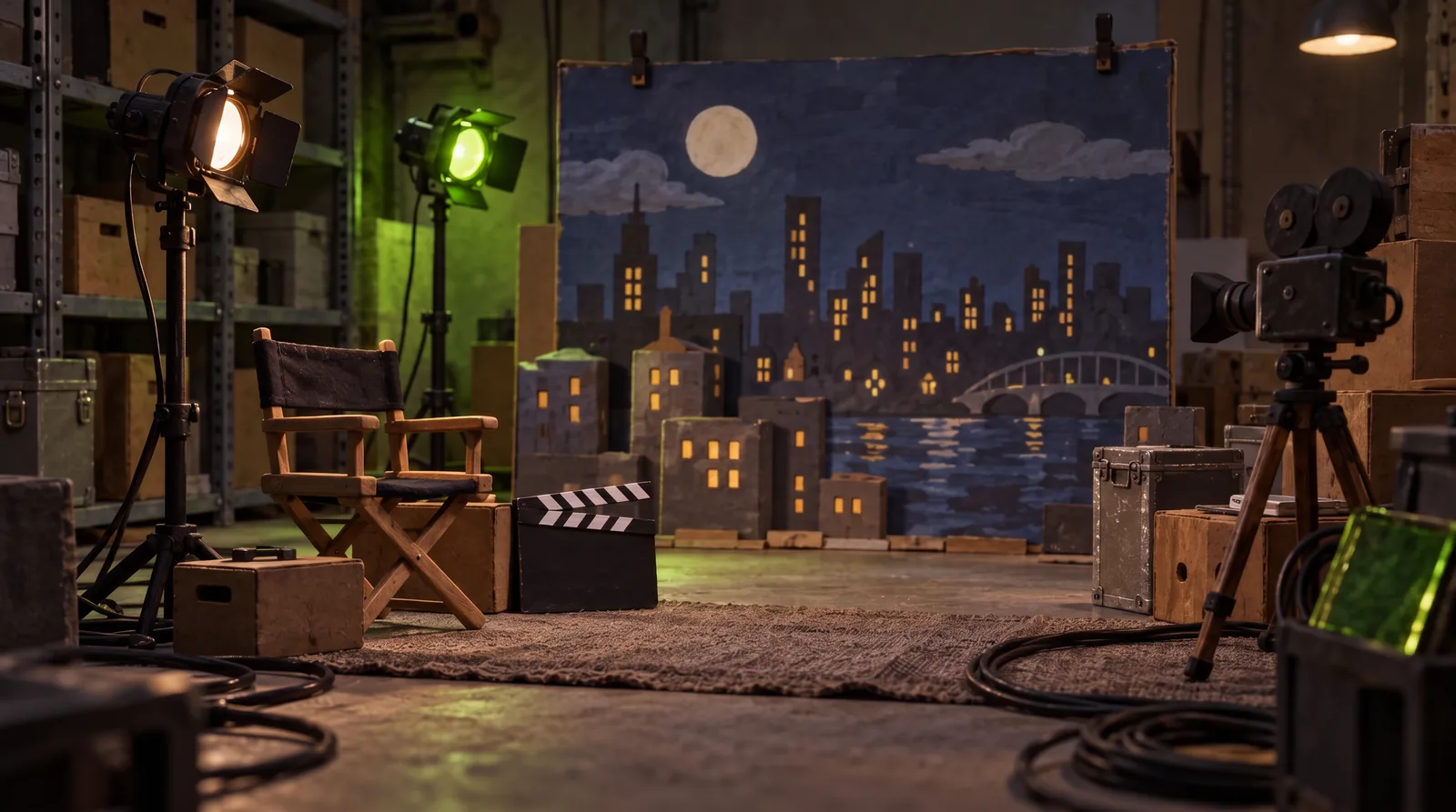 The storage-room set as a place: a painted cardboard skyline, a spotlight, an empty director's chair and a lime-gelled lamp.