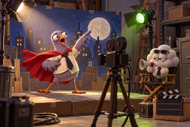 A scene: Nimbus films from a folding chair while Sid overacts as a superhero in a red cape.