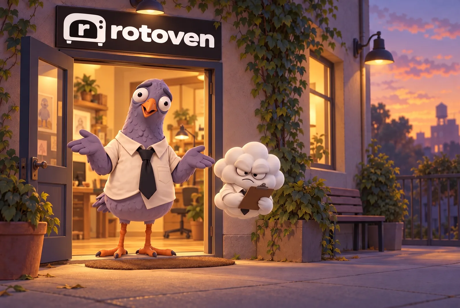 Under the Rotoven sign, Sid shrugs in the studio doorway while Nimbus checks his list.