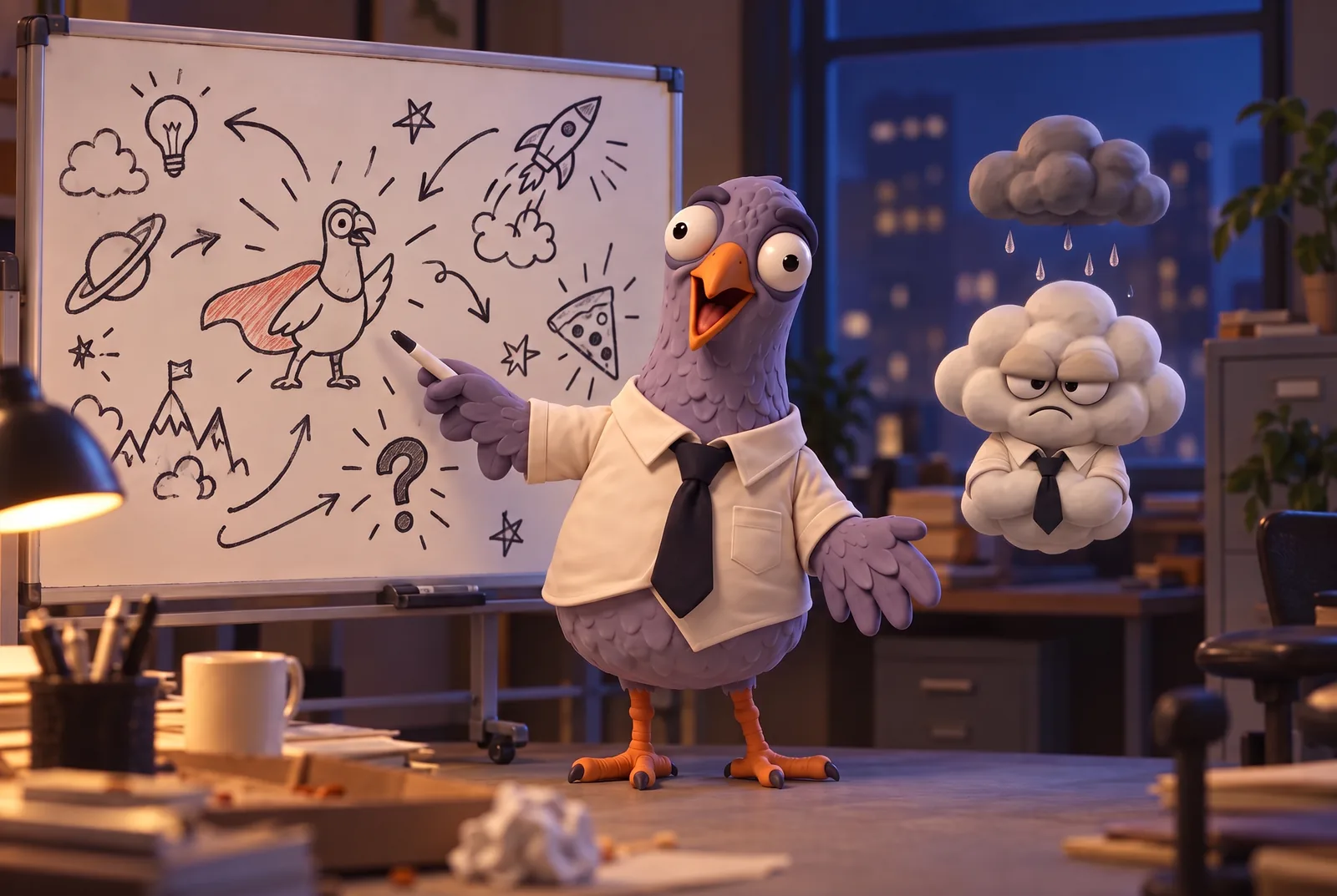 Sid pitches the story at a whiteboard of doodles while Nimbus, under his own rain cloud, is unimpressed.