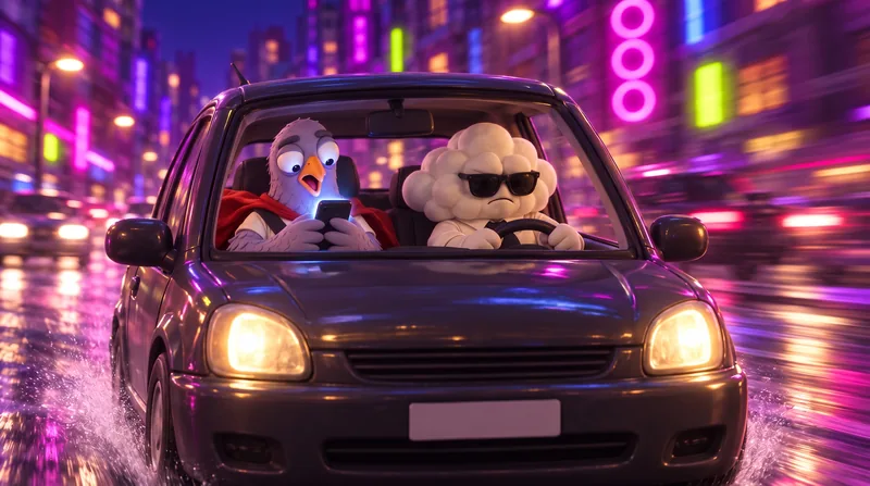 The finished episode: Nimbus drives Sid home through a neon city while Sid, still in his red cape, stares at his phone.