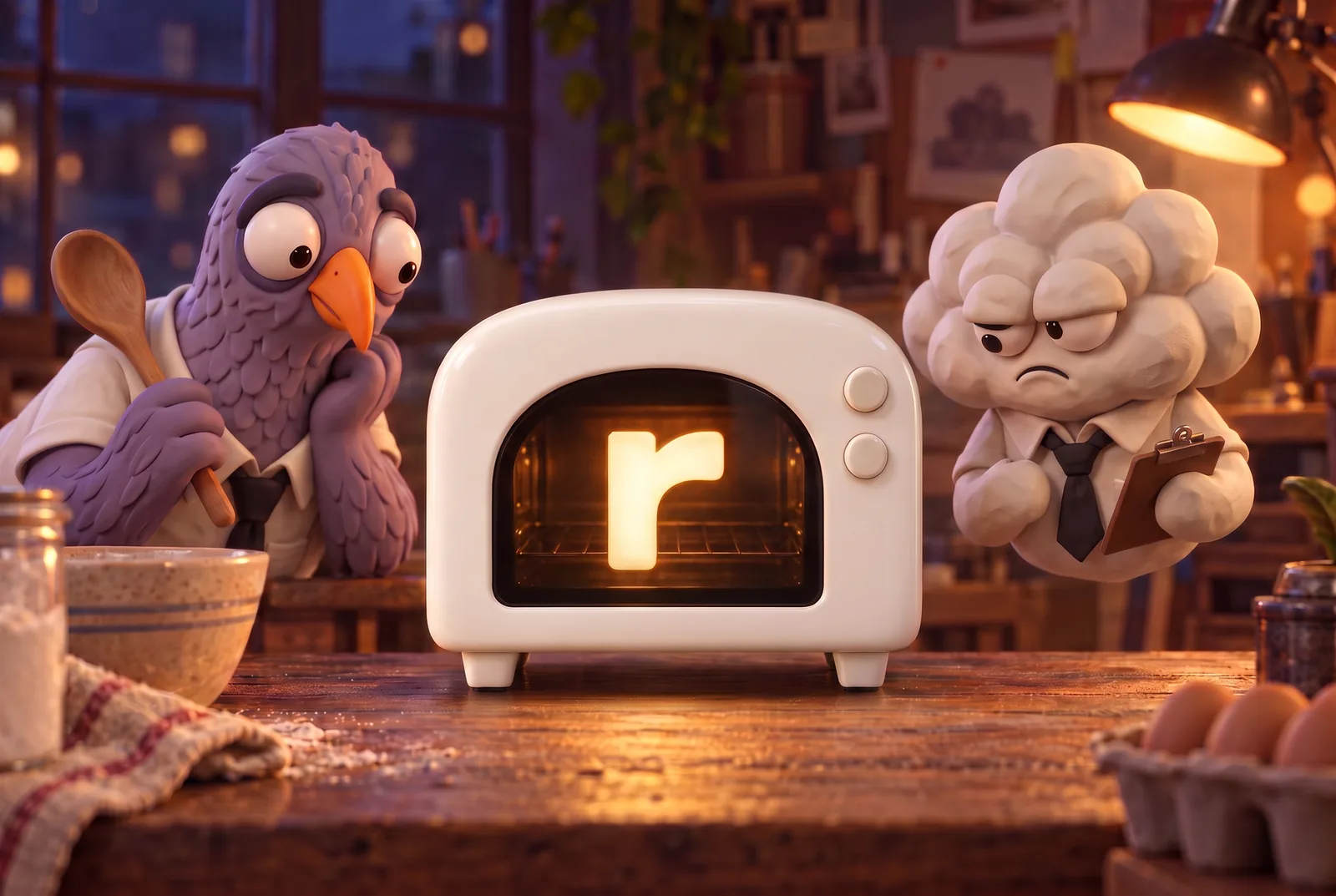 Sid, wooden spoon in hand, and Nimbus, clipboard ready, wait at a table for the Rotoven oven to bake something.