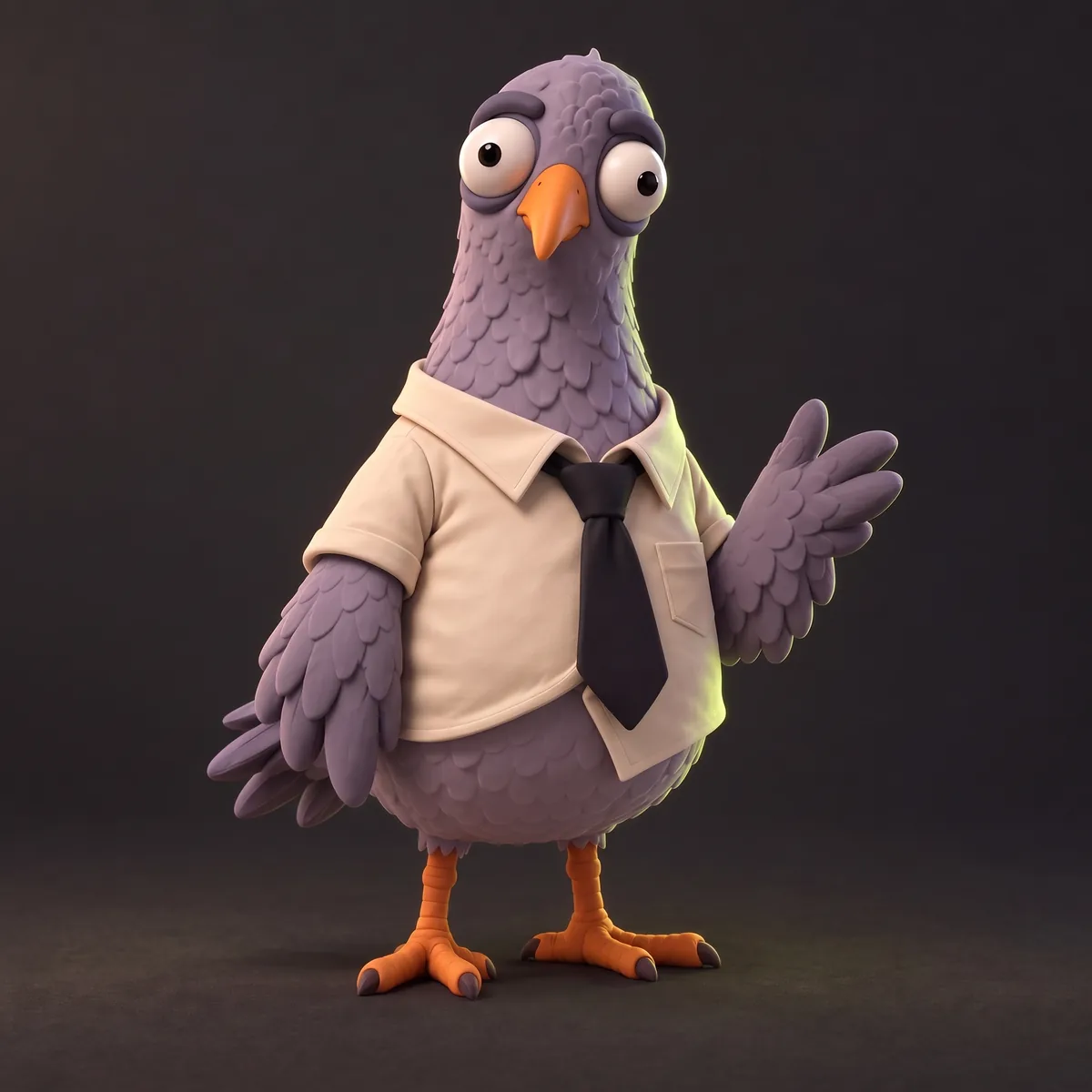 Sid, a human-sized lavender pigeon in a short-sleeved shirt and loose tie, one wing raised mid-idea.